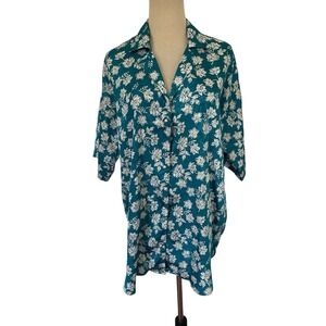 Vtg Victoria Secret Pajama‎ Top Tunic Blue Teal Floral Satin  Sz Small Oversized